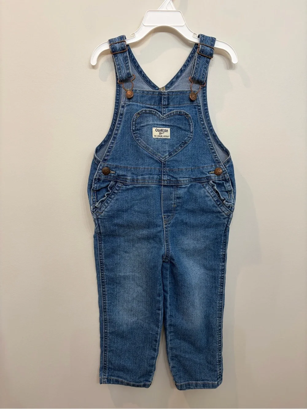 OshKosh Overalls Little Girls Denim Toddler 3T Heart Bib Pocket Ruffle Trim